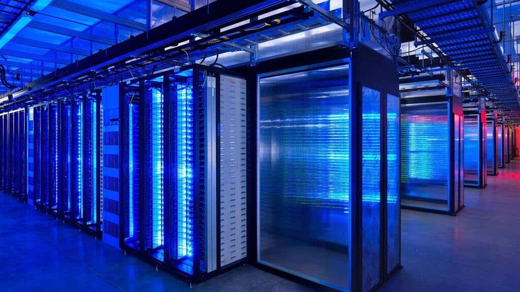 Server racks in a data center aisle