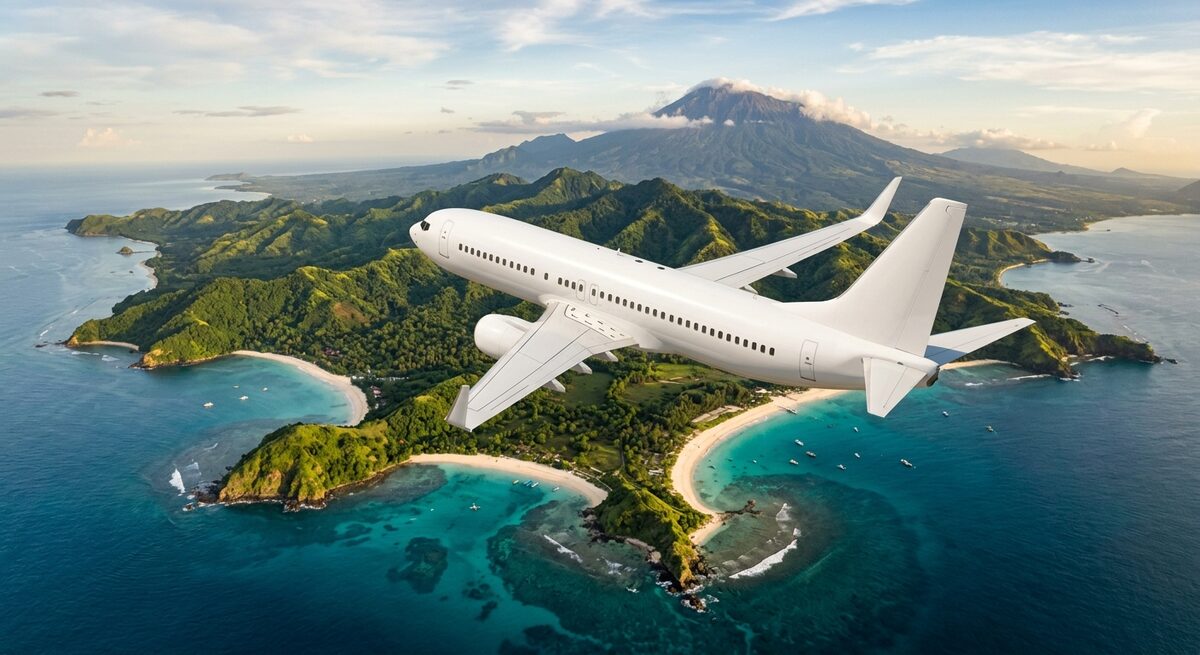 A passenger jet flying over the turquoise beaches and volcanic mountains of Lombok, Indonesia